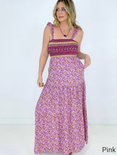 Pink Shirred Ruffled Sleeveless Floral Maxi Dress